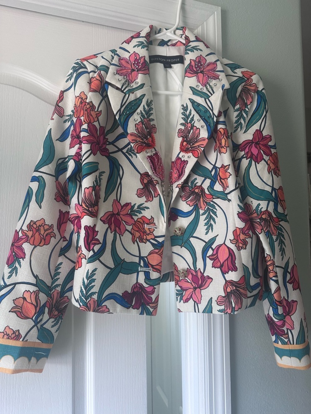 Boston Proper Cream Floral Cropped Blazer with Pink and Teal Accents